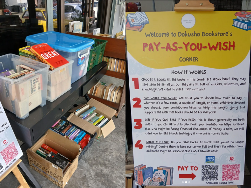 Guidelines for the Pay-As-You-Wish system are displayed on the instruction board.