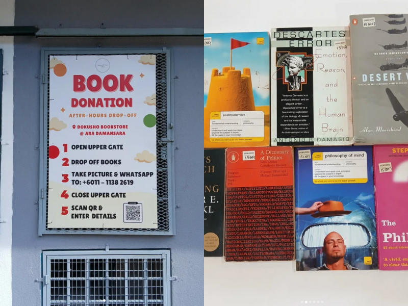 Book donation signboard with step-by-step instructions