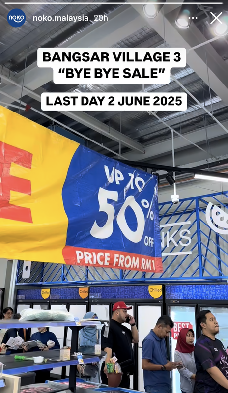 screenshot image from Noko Malaysia’s official page announcing a 50% closing-down sale at Bangsar Village III.
