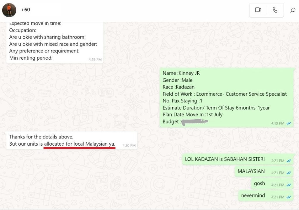 Kadazan man denied a rental unit.
