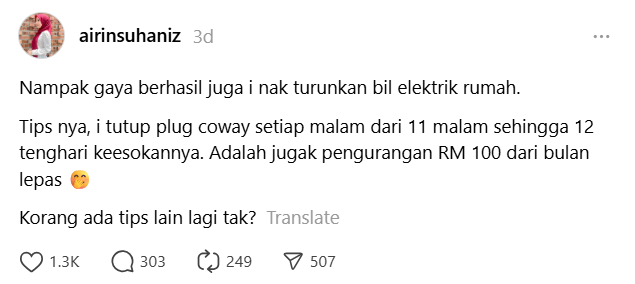 M'sian Woman Saves RM100 on Electricity Bill by Unplugging One Device Every Night