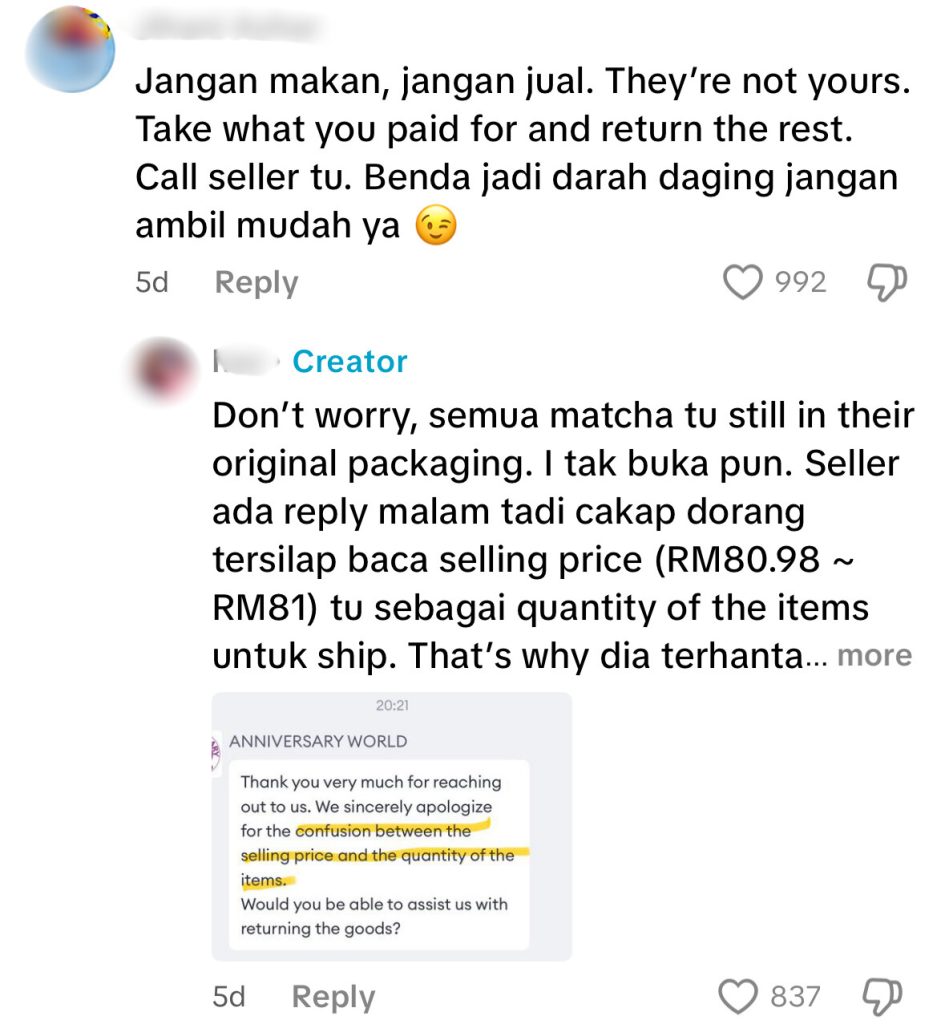 matcha comment return to seller