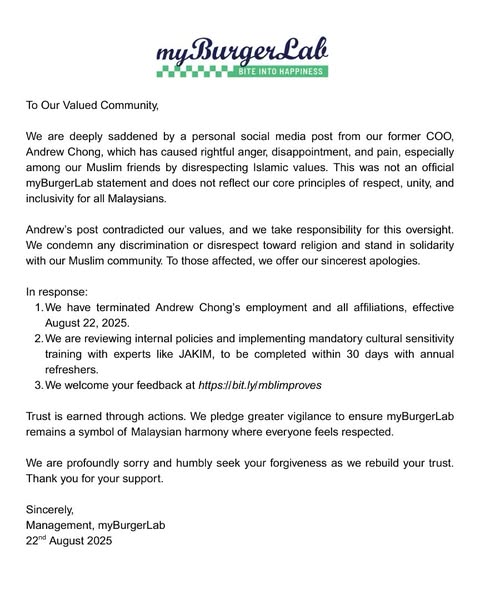 Official statement from myBurgerLab addressing the recent controversy regarding their former COO's social media post