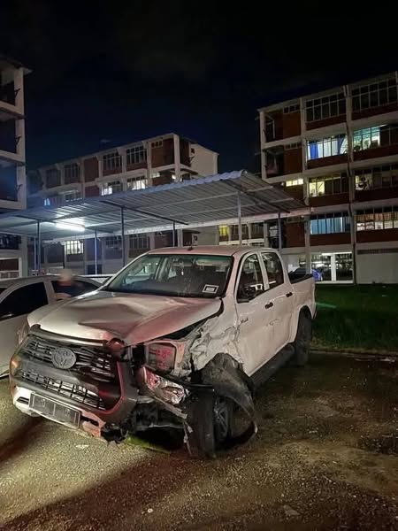 The Toyota Hilux pickup truck driven by the suspected drunk driver, badly damaged after the crash