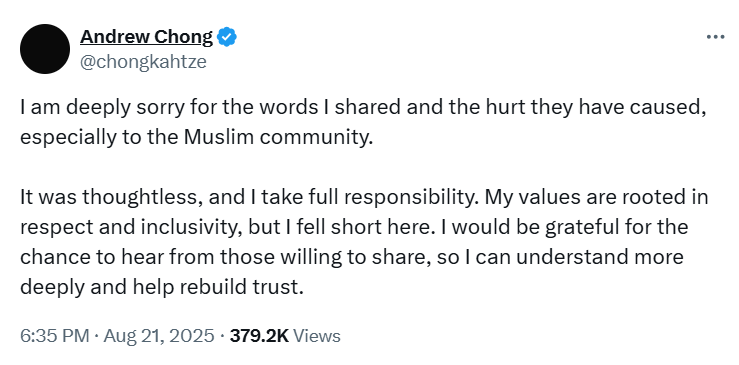 Chong publicly apologizes for his comments, expressing regret for the harm caused to the Muslim community