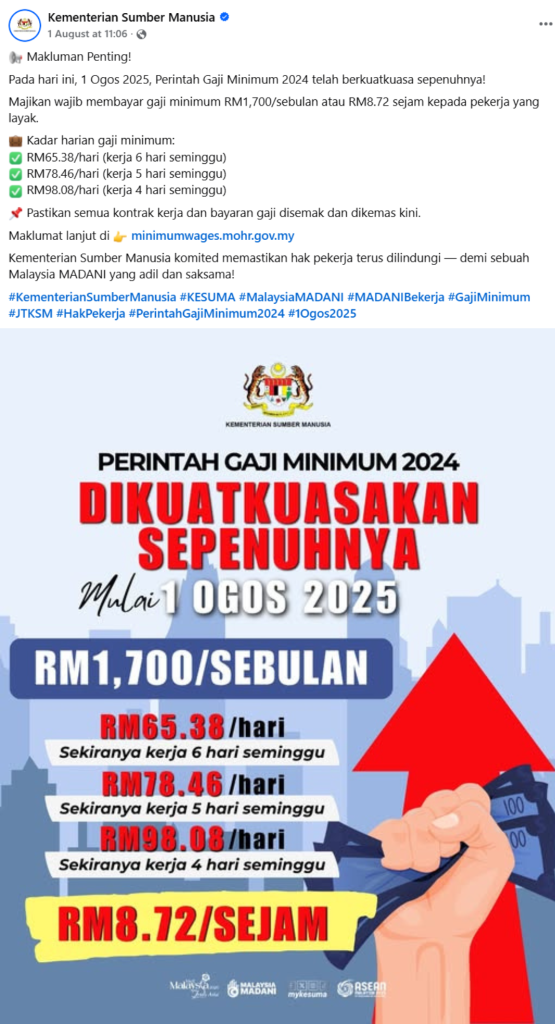 KESUMA announced that the minimum wage will be RM1,700 per month starting from 1 August 2025