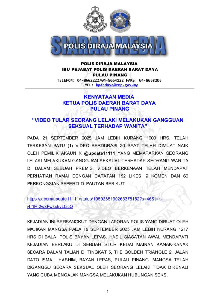 police statement penang man arrested for harrassment