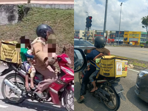 A mother was delivering food order while brought her three kids while