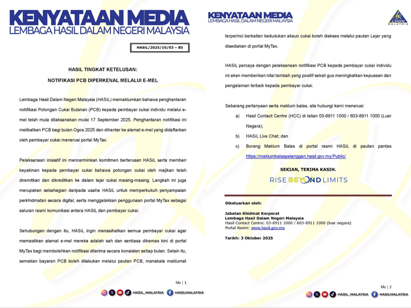 LHDNM issued an official announcement about monthly tax deduction ((MTD/PCB) notifications via email