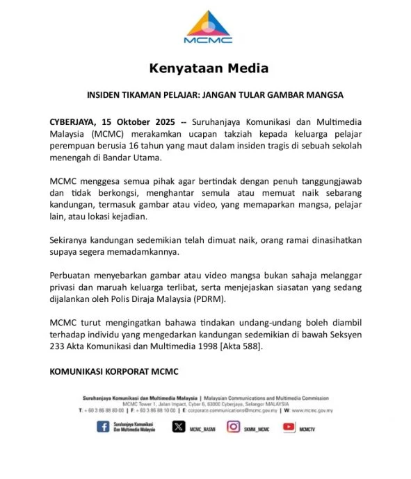 The official statement posted by MCMC on facebook to urge public to stop sharing photos or videos related to incident