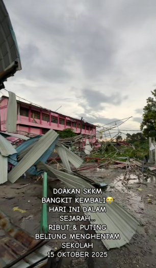 Screenshot from the video shows the broken rooftops of school destroyed by storm
