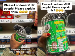 A Negerian girl surprised to see drink secured in UK supermarket