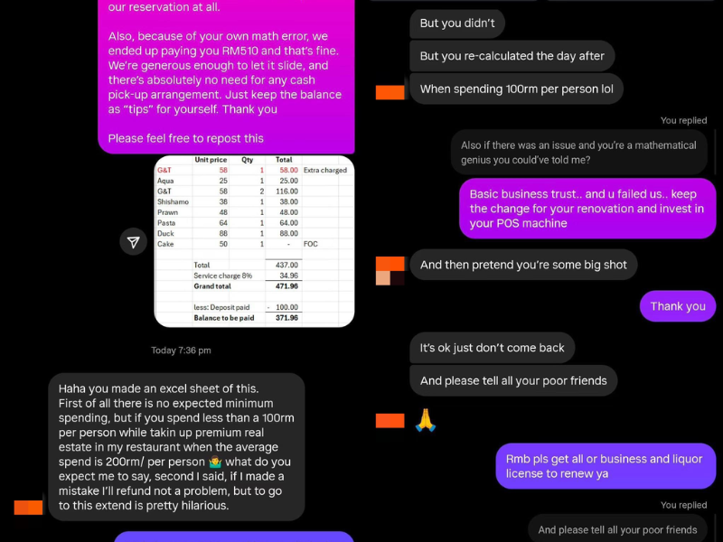 Screenshot shows the restaurant was advising them to inform their friends not to visit as well