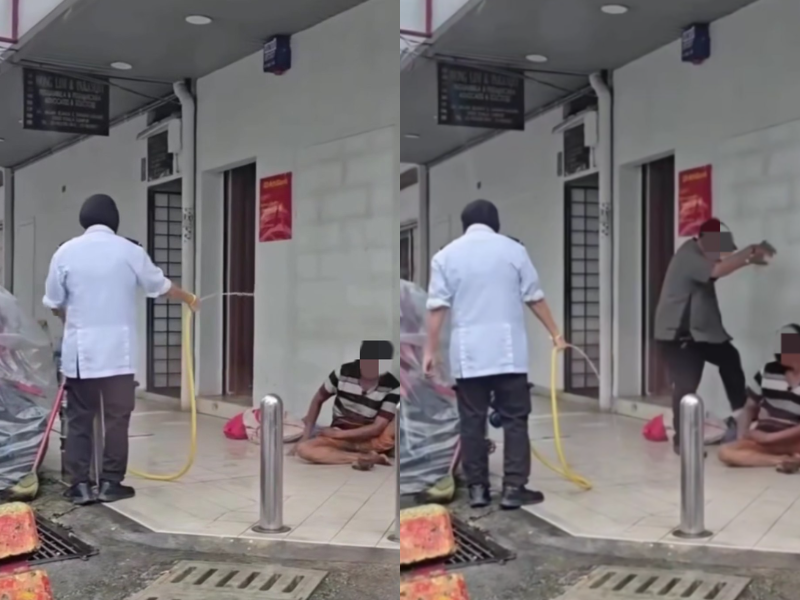 A female security and a man acting confrontationally toward the homeless man