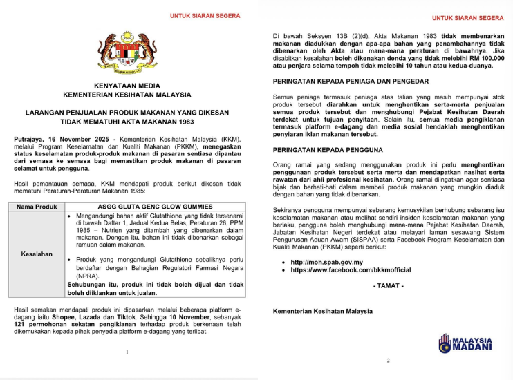 KKM released the statement, which stated that the ingredient violates the Food Regulations 1985