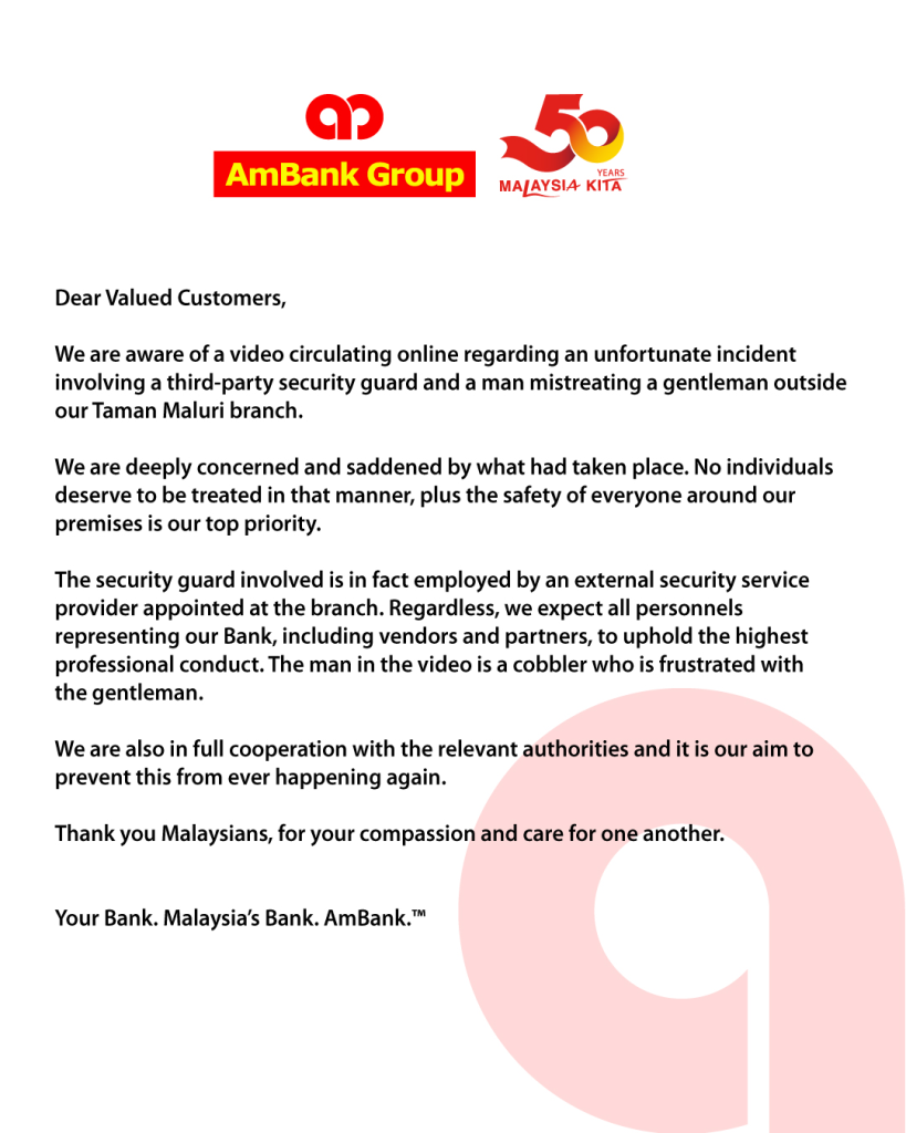 AmBank issued an apology statement about the incident