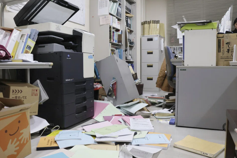 An office that was affected by the earthquake.