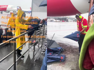 "I've never seen this in Europe", European tourist amazed by M'sian airport staff handling out umbrellas during heavy rain