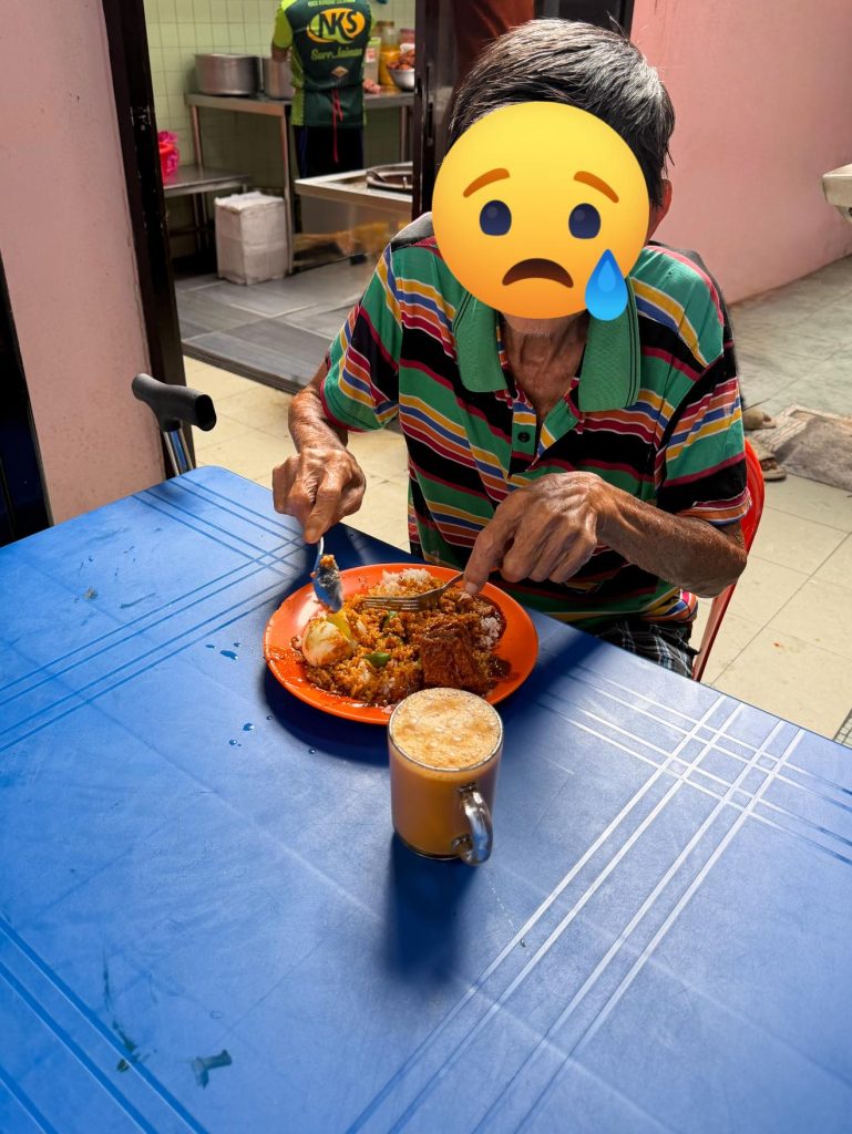 The elderly man was walking slowly with a walking stick, looking at the array of dishes available for a while.