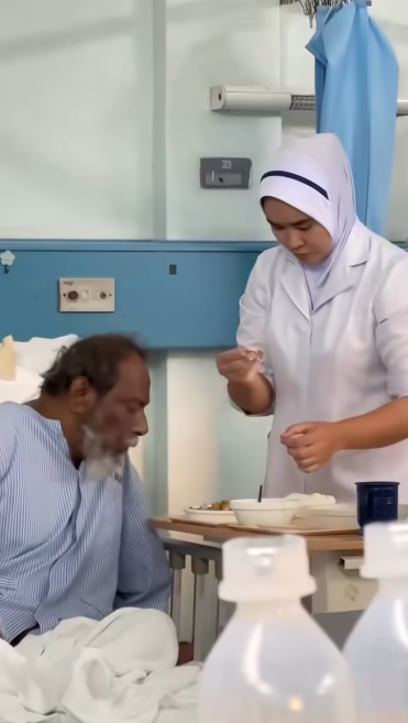 Checking the food before feeding it to the patient.