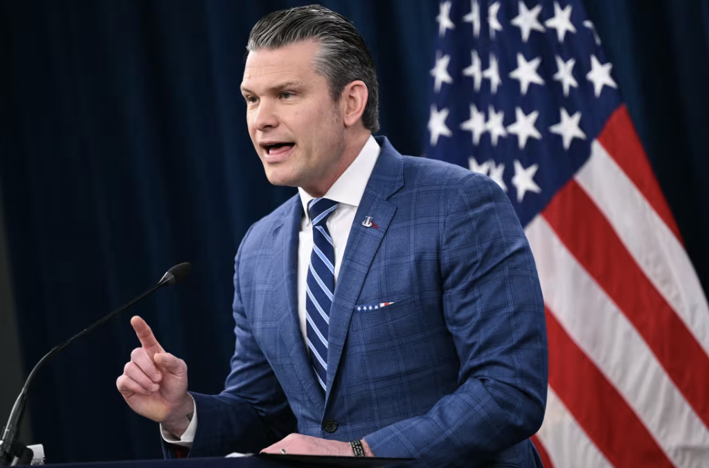 Defense Secretary Pete Hegseth speaks during a press briefing at the Pentagon