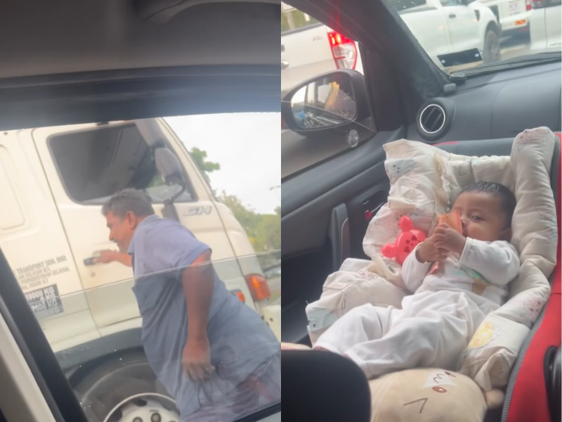 [Video]: Lorry driver pauses at red light in Melaka to give baby RM10, wins hearts online