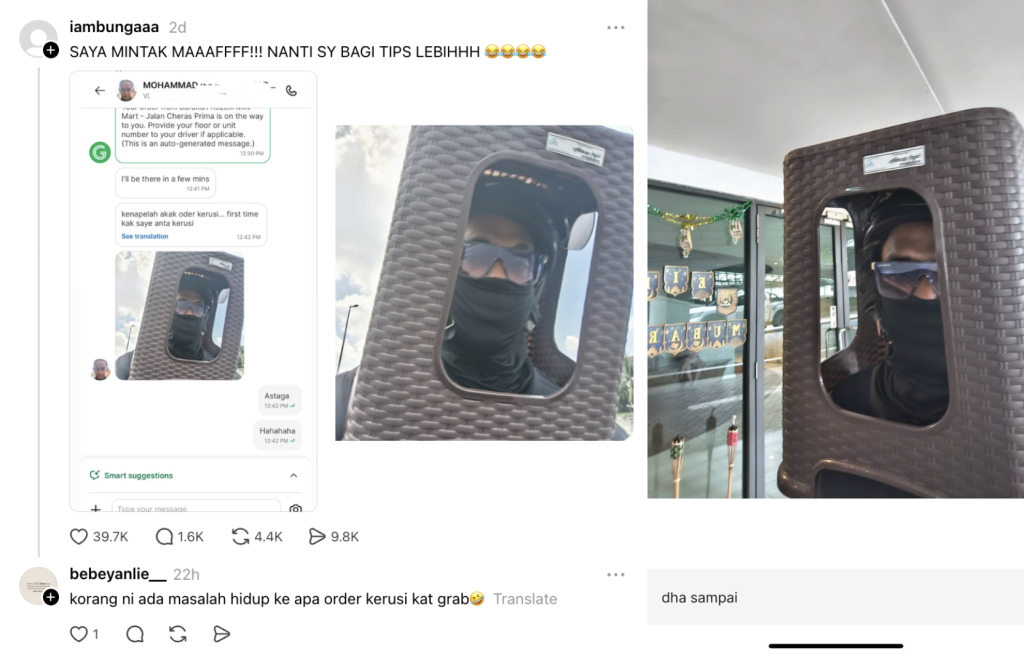 Abang Grab gets creative to deliver chair, netizens promote him to “Chairman”