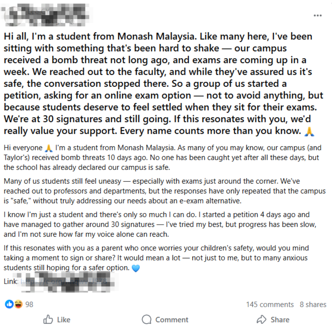 Monash university students petition for online exams following recent bomb threats