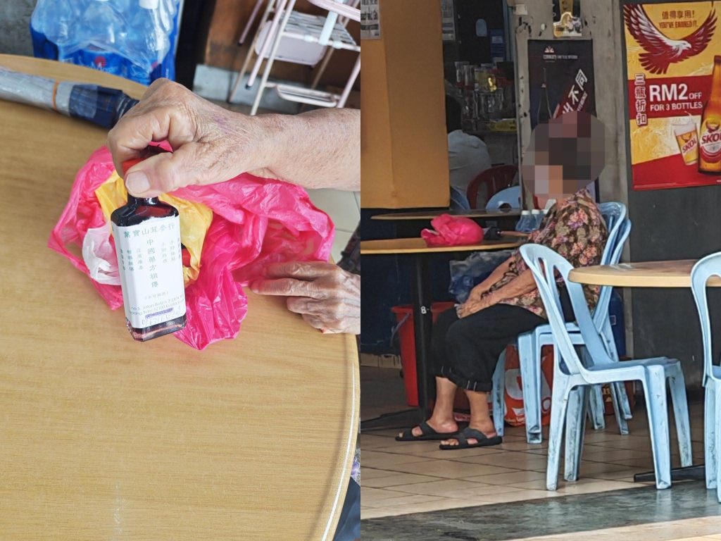 Kind M'sian man offers elderly woman a meal after seeing her go from table to table selling medicinal oil