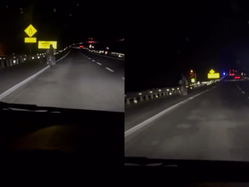 Kind M’sian woman uses her car headlights to guide motorcyclist riding without lights on dark highway